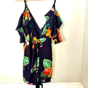 NWT Fashion Nova Womens Vidette Floral Romper XL Navy BlueTropical Faux Wrap